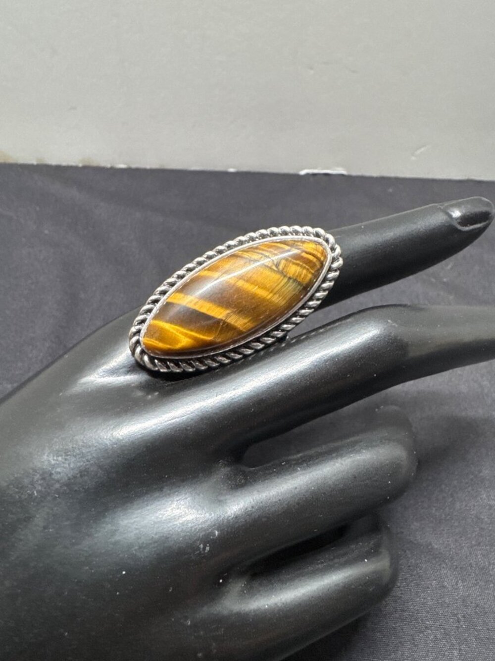 Silver Statement Ring With Tigers Eye Stone Oval Design Adjustable Band Handmade